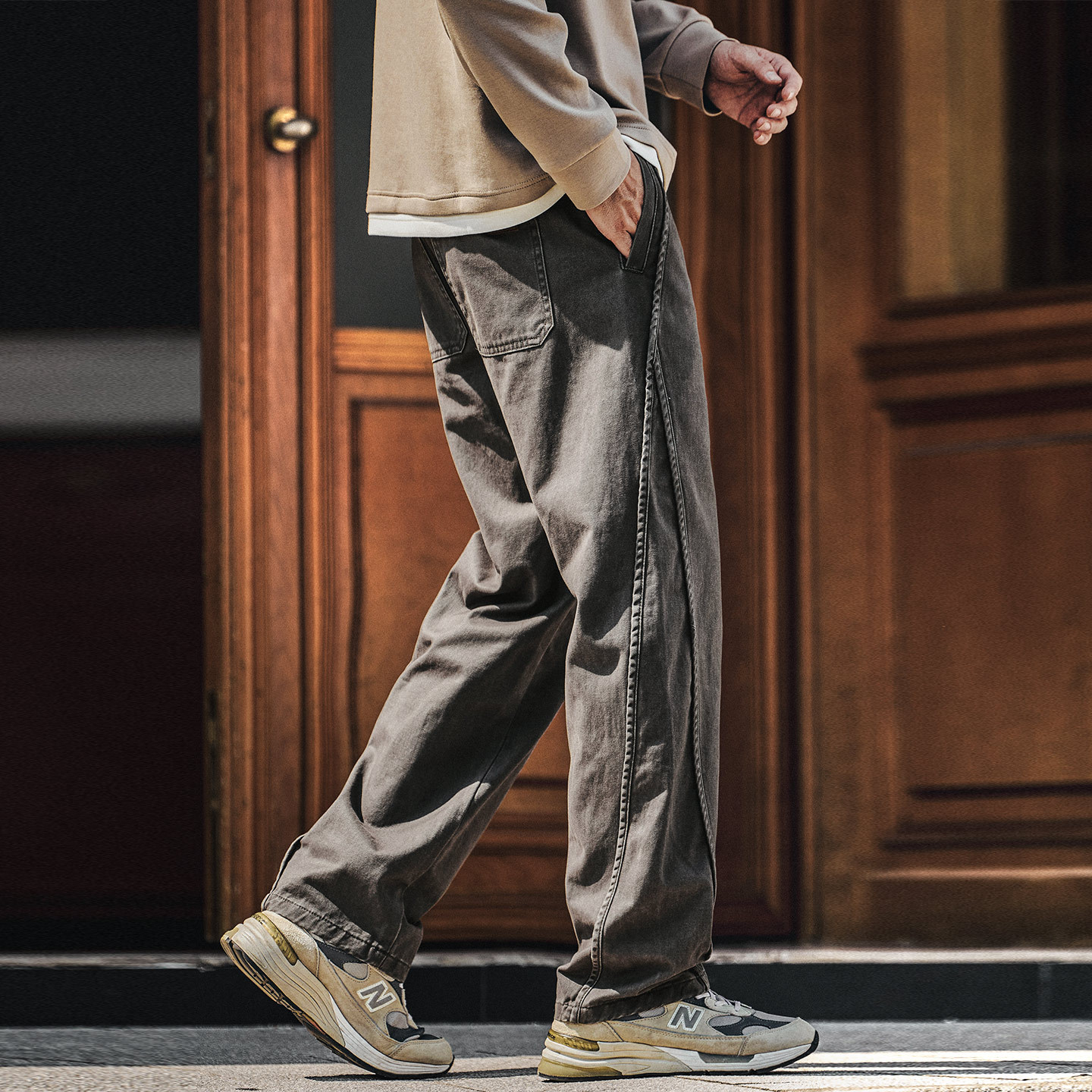 高級感設計老錢風拼接工裝褲子男秋冬款寬鬆垂感休閒直筒褲