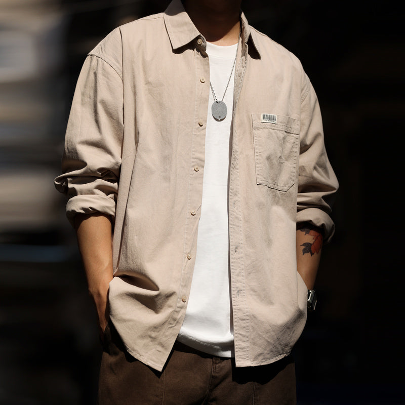 美式休閒簡約純色口袋長袖襯衫男高級感疊穿內搭襯衣外套秋-Retro's Wear