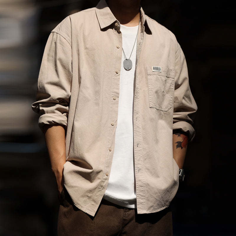 美式休閒簡約純色口袋長袖襯衫男高級感疊穿內搭襯衣外套秋-Retro's Wear