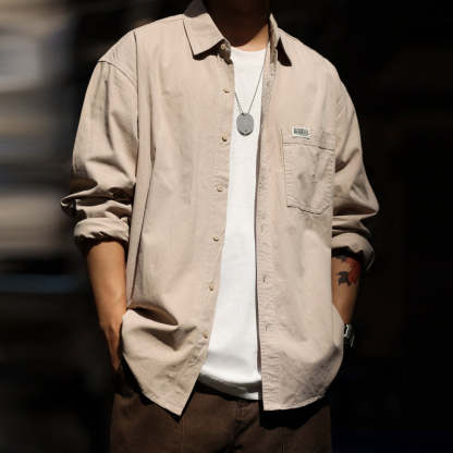 美式休閒簡約純色口袋長袖襯衫男高級感疊穿內搭襯衣外套秋-Retro's Wear