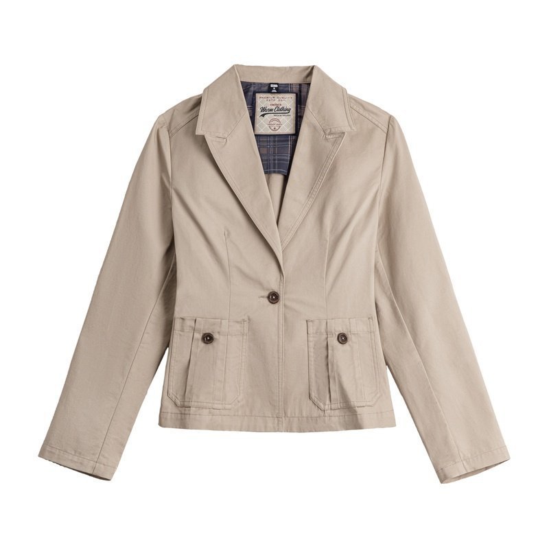 卡其色戧駁領單排扣休閒正肩收腰修身小西裝短夾克外套女士春