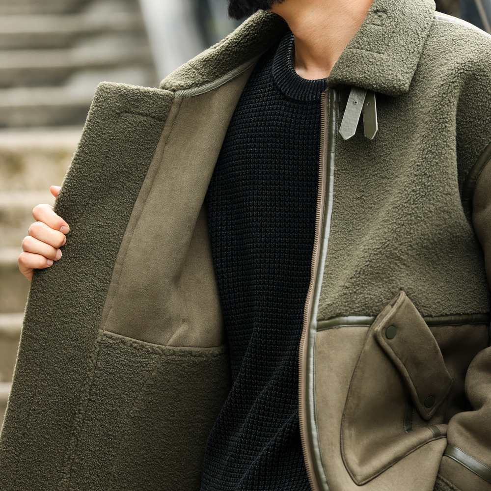 美式皮毛一體羊羔絨毛領外套男加厚保暖麂皮絨拼接夾克