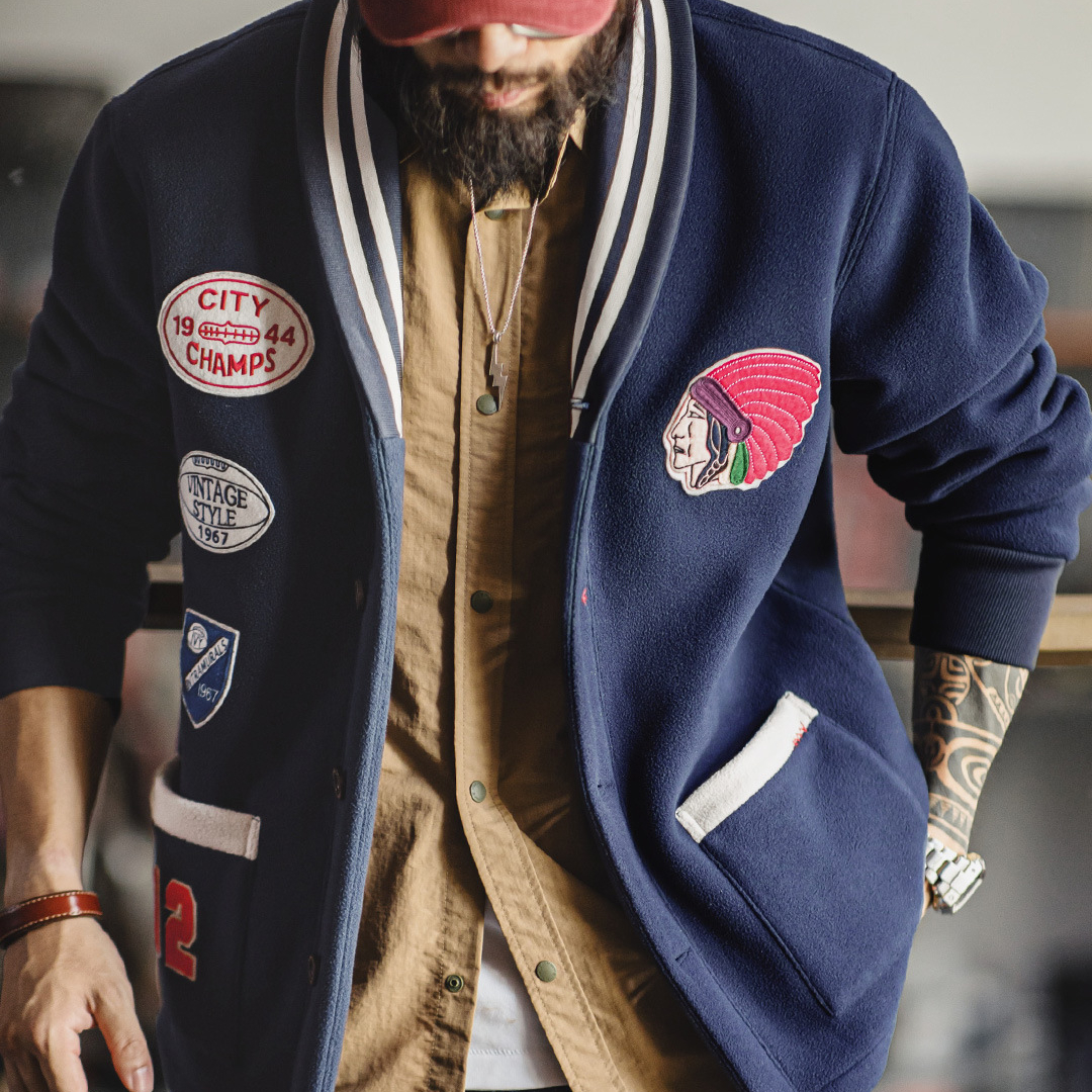 美式復古青果領開衫搖粒絨夾克保暖短款棒球服外套男秋冬