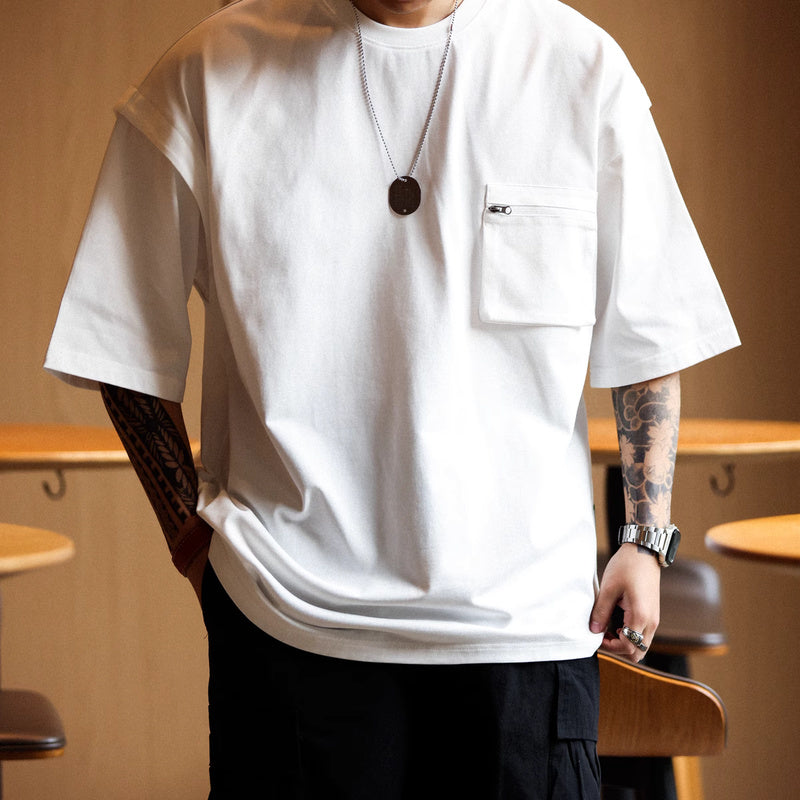 山系戶外工裝口袋短袖T恤男士寬鬆圓領原創設計半袖運動TEE