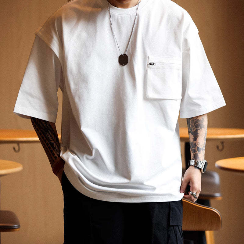 山系戶外工裝口袋短袖T恤男士寬鬆圓領原創設計半袖運動TEE