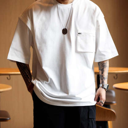 山系戶外工裝口袋短袖T恤男士寬鬆圓領原創設計半袖運動TEE