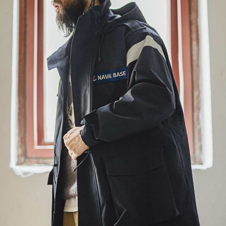 美式復古中長款海軍派克風衣寬鬆防風連帽夾克外套男秋季-Retro's Wear