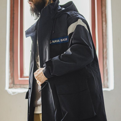 美式復古中長款海軍派克風衣寬鬆防風連帽夾克外套男秋季-Retro's Wear
