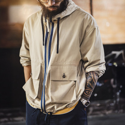美式復古多口袋夾克純棉帆布卡其色立領連帽薄款外套男春