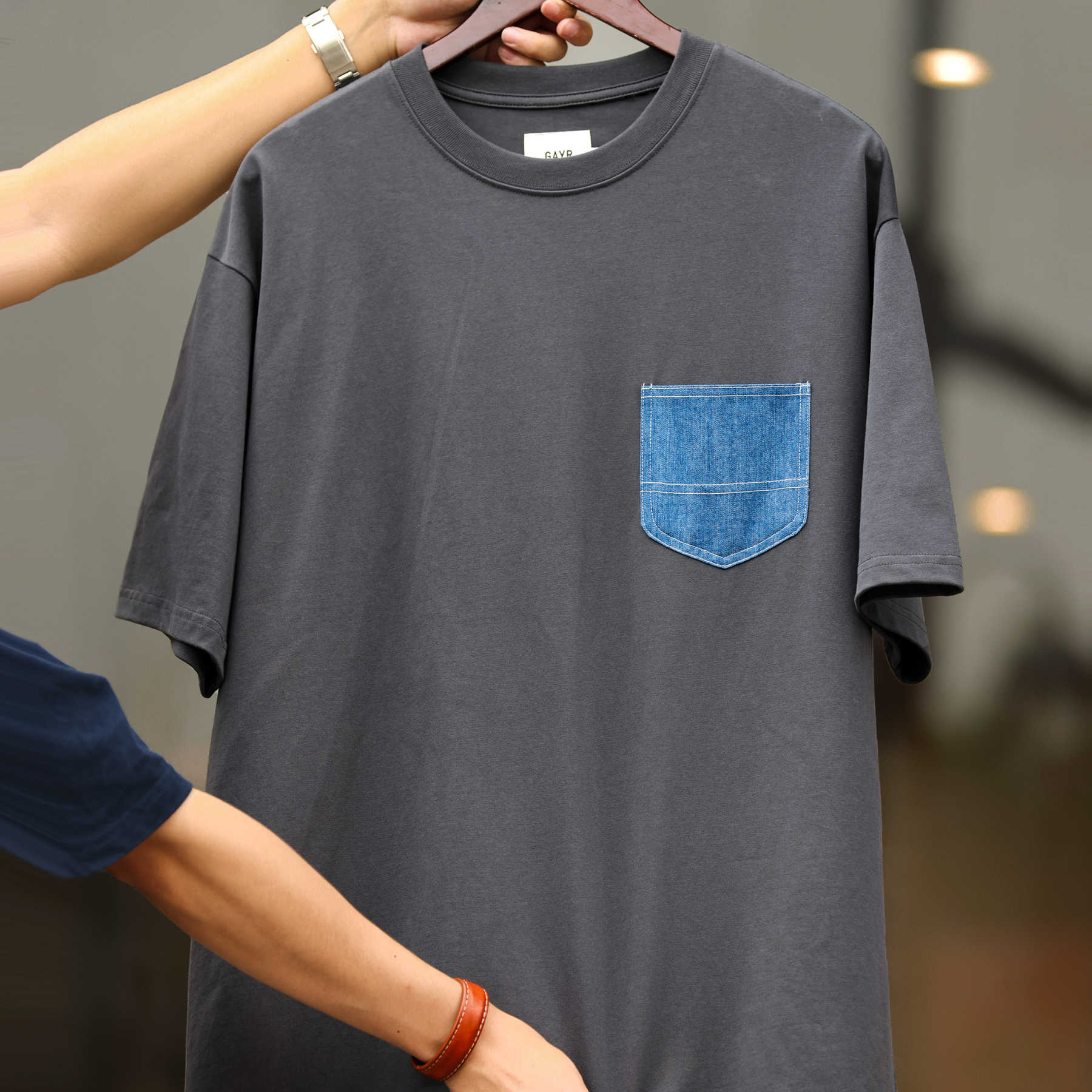 300g重磅精梳棉短袖T恤男美式休閒拼接牛仔口袋打底衫夏