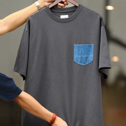 300g重磅精梳棉短袖T恤男美式休閒拼接牛仔口袋打底衫夏