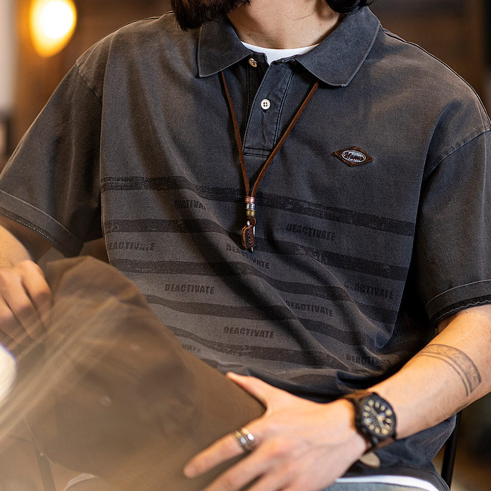 美式條紋印花polo衫男短袖t恤夏季2025新款純棉復古水洗半袖男