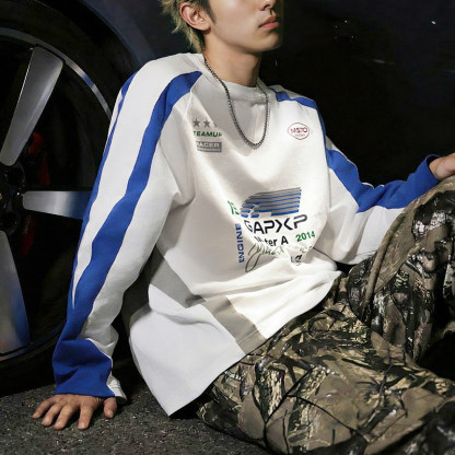 MRA F1狂飆飛車競速藍賽車長袖T恤撞色插肩袖上衣純棉打底衫春