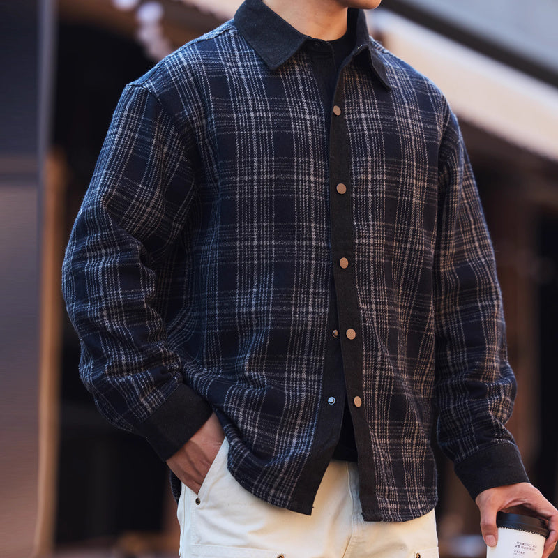 日系復古牛仔拼接格子襯衫男寬鬆羊毛混紡長袖襯衣外套
