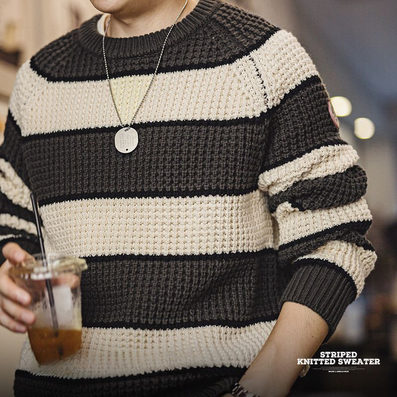 美式復古撞色鳳梨條紋毛衣肌理感套頭圓領打底針織衫男秋-Retro's Wear