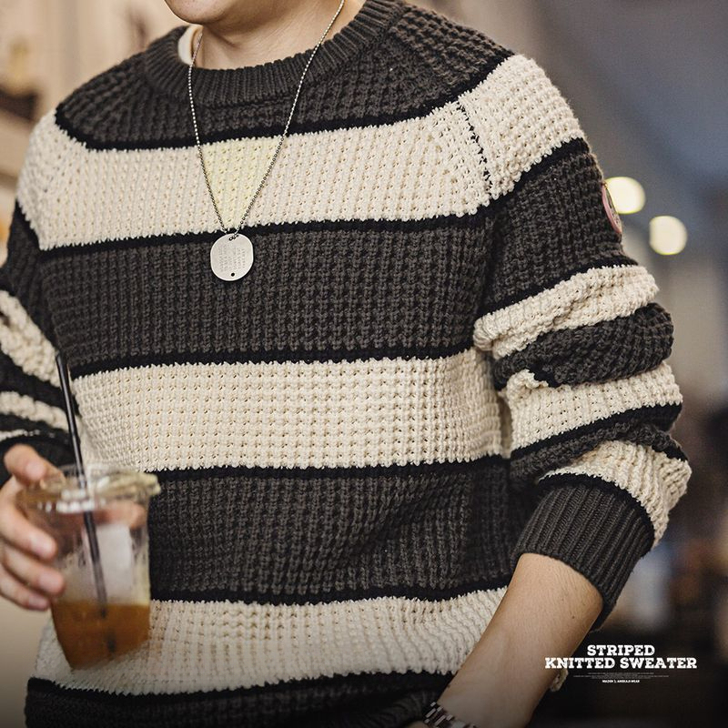 美式復古撞色鳳梨條紋毛衣肌理感套頭圓領打底針織衫男秋-Retro's Wear