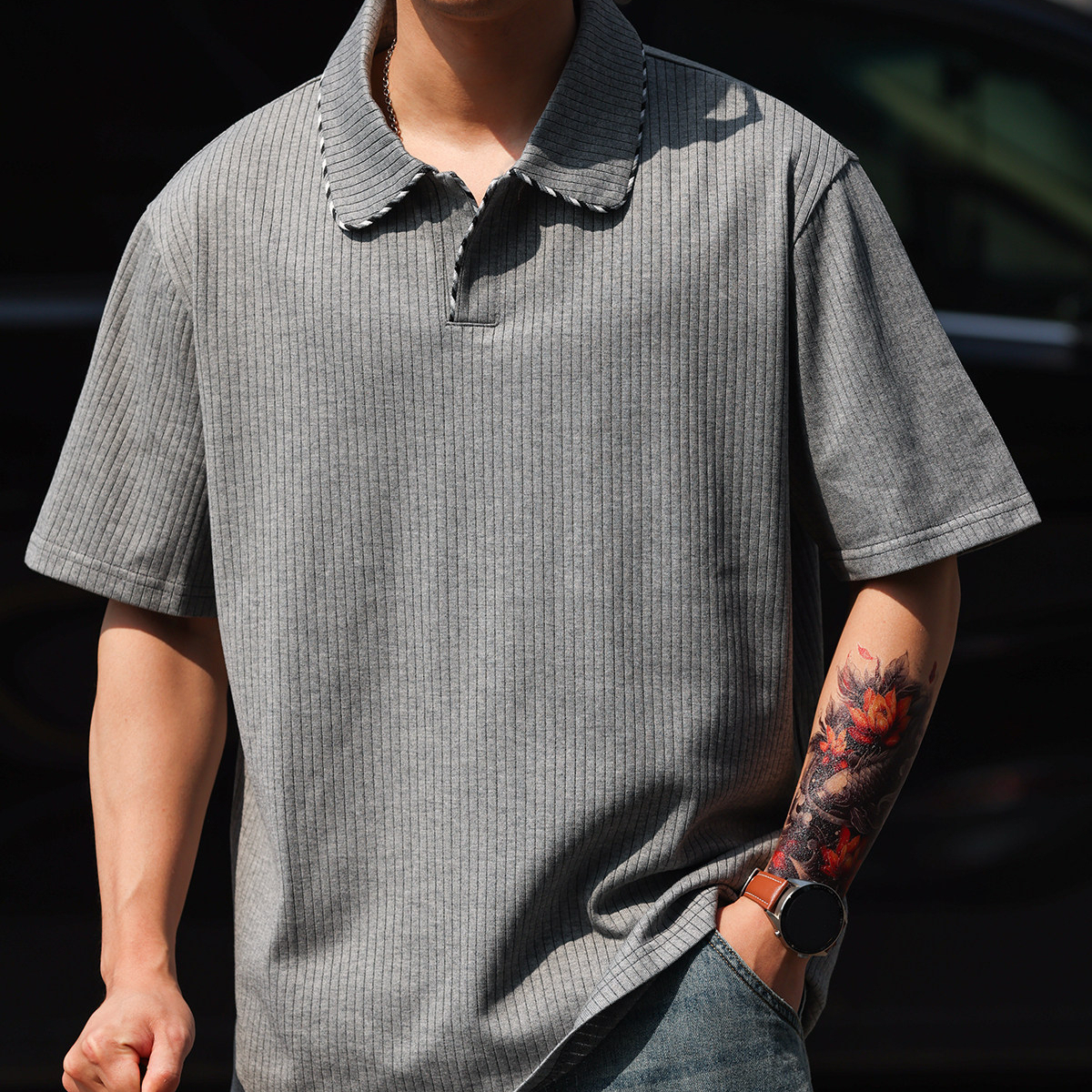 撞色包邊線小V領短袖T恤男士老錢風復古肌理感POLO衫夏