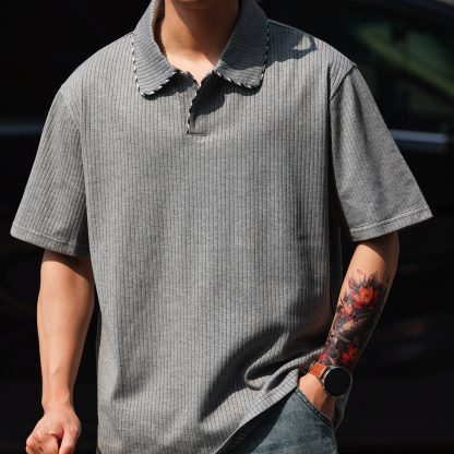 撞色包邊線小V領短袖T恤男士老錢風復古肌理感POLO衫夏