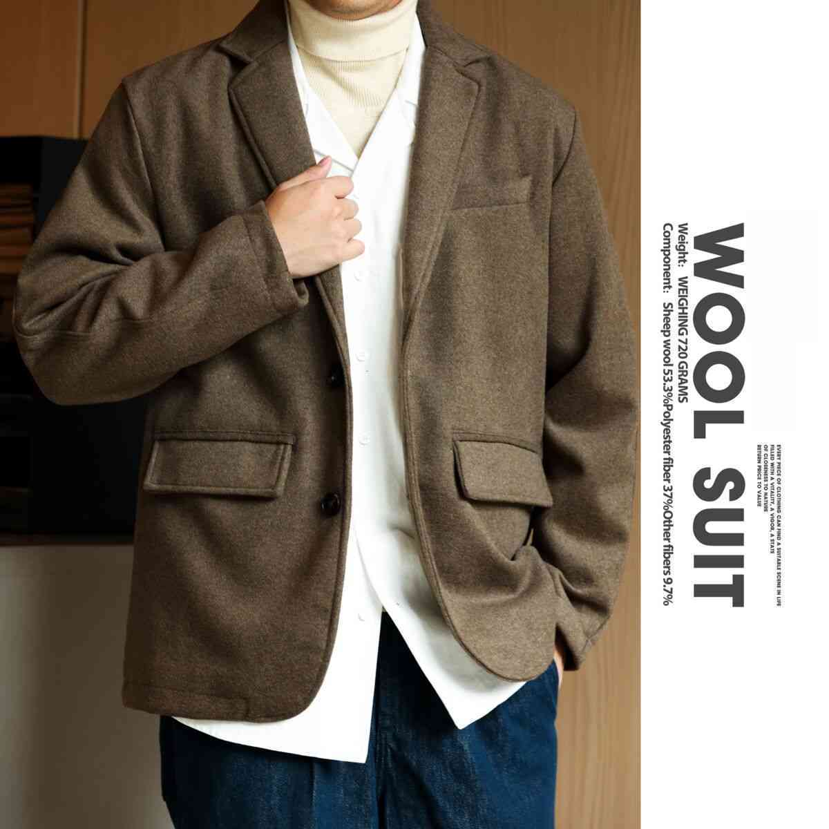 法式720g重磅羊毛混紡休閒西服男平駁領毛呢西裝外套冬