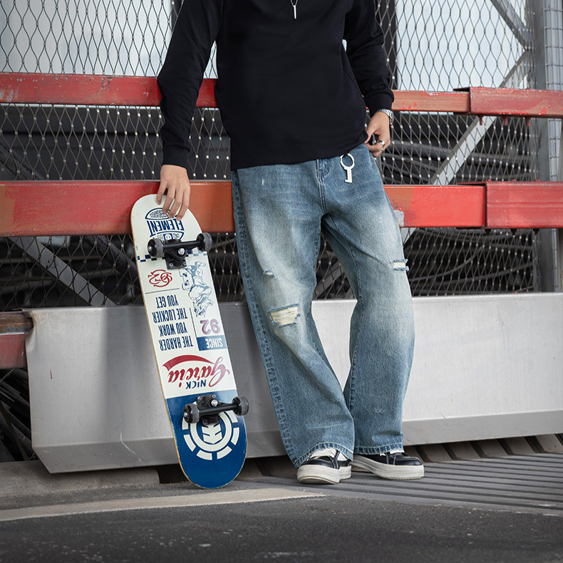 MRA復古內華達水洗猫須直筒軟牛仔褲不規則破洞淺藍長褲男秋