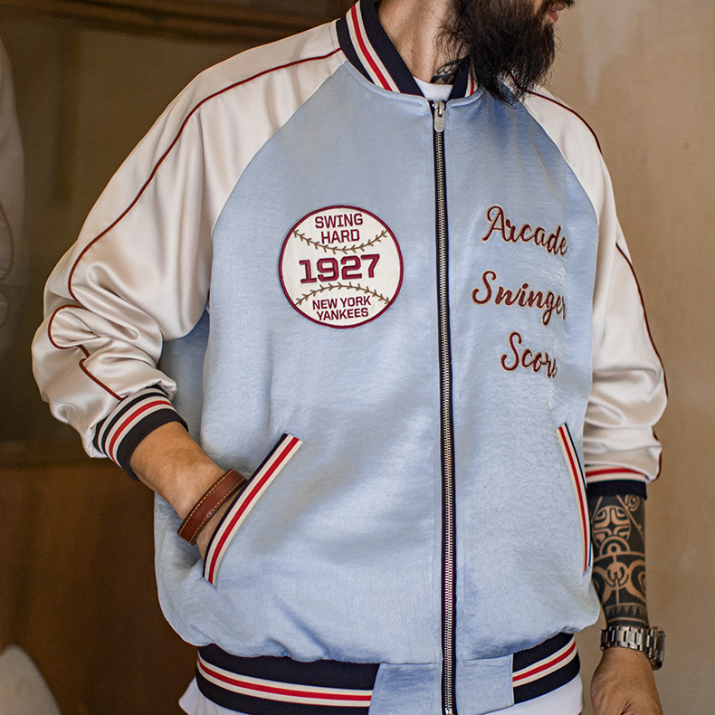 美式復古刺繡橫須賀棒球服夾克拼接痞帥缎面外套短款男秋