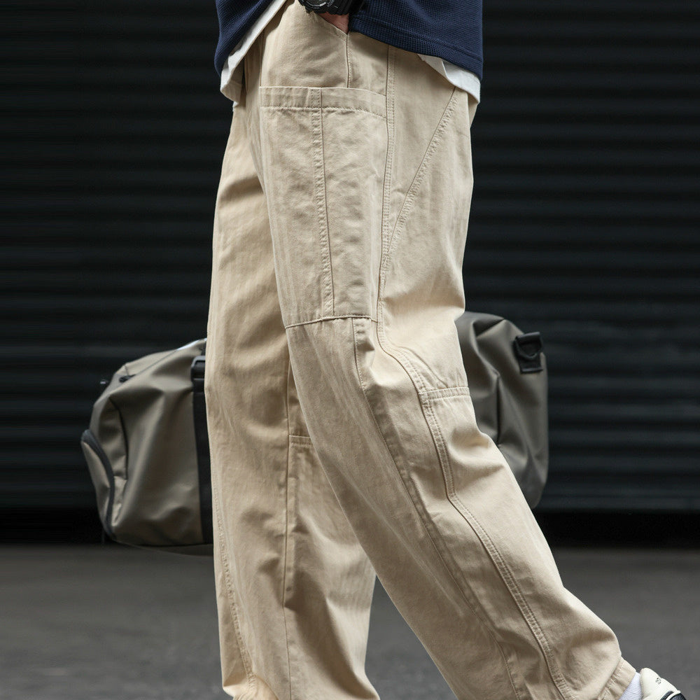 立體裁剪多口袋休閒工裝褲子男人字紋杏色vintage闊腿褲