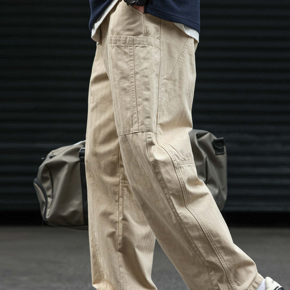立體裁剪多口袋休閒工裝褲子男人字紋杏色vintage闊腿褲