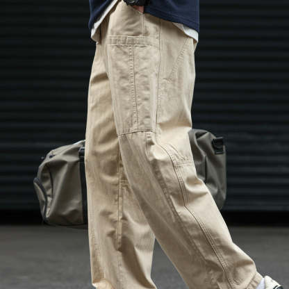 立體裁剪多口袋休閒工裝褲子男人字紋杏色vintage闊腿褲