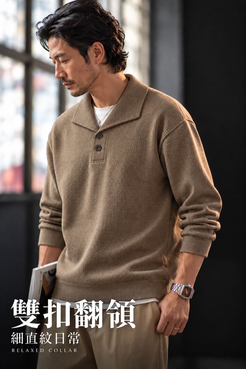 復古雙扣翻領細直紋寬鬆長袖上衣 · 02-hero