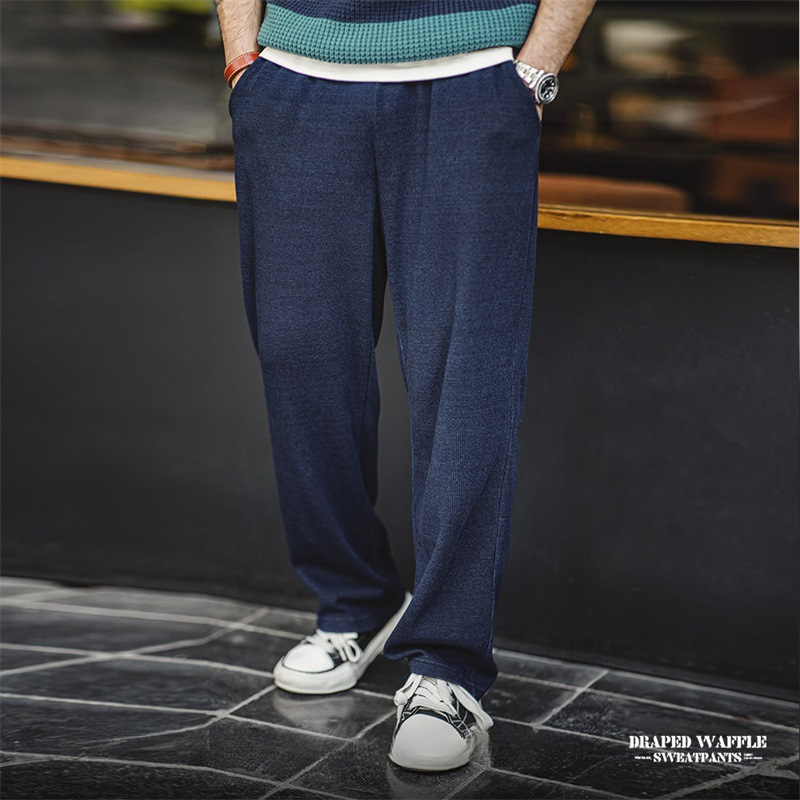 美式復古針織垂感華夫格衛褲肌理感寬鬆直筒休閒褲子男秋-Retro's Wear