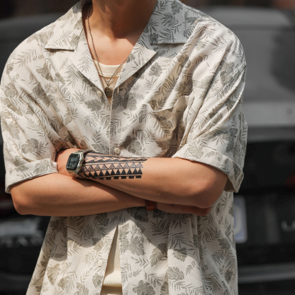 美式休閒古巴領亞麻短袖襯衫男夏季復古度假風半袖襯衣