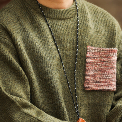 重磅仿牛絨圓領毛衣男編織肌理撞色口袋慵懶風毛線衣冬