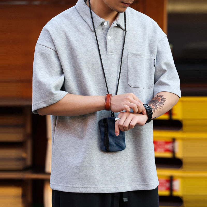 日系休閒340g重磅短袖POLO衫男寬鬆雙珠地口袋翻領上衣