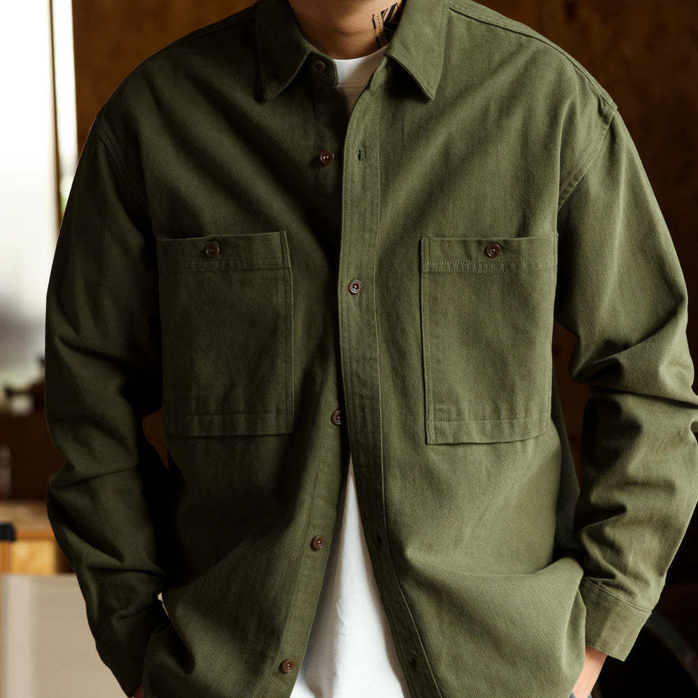 美德拉復古色系長袖襯衫男水洗純棉疊穿外搭日系襯衣外套秋-Retro's Wear