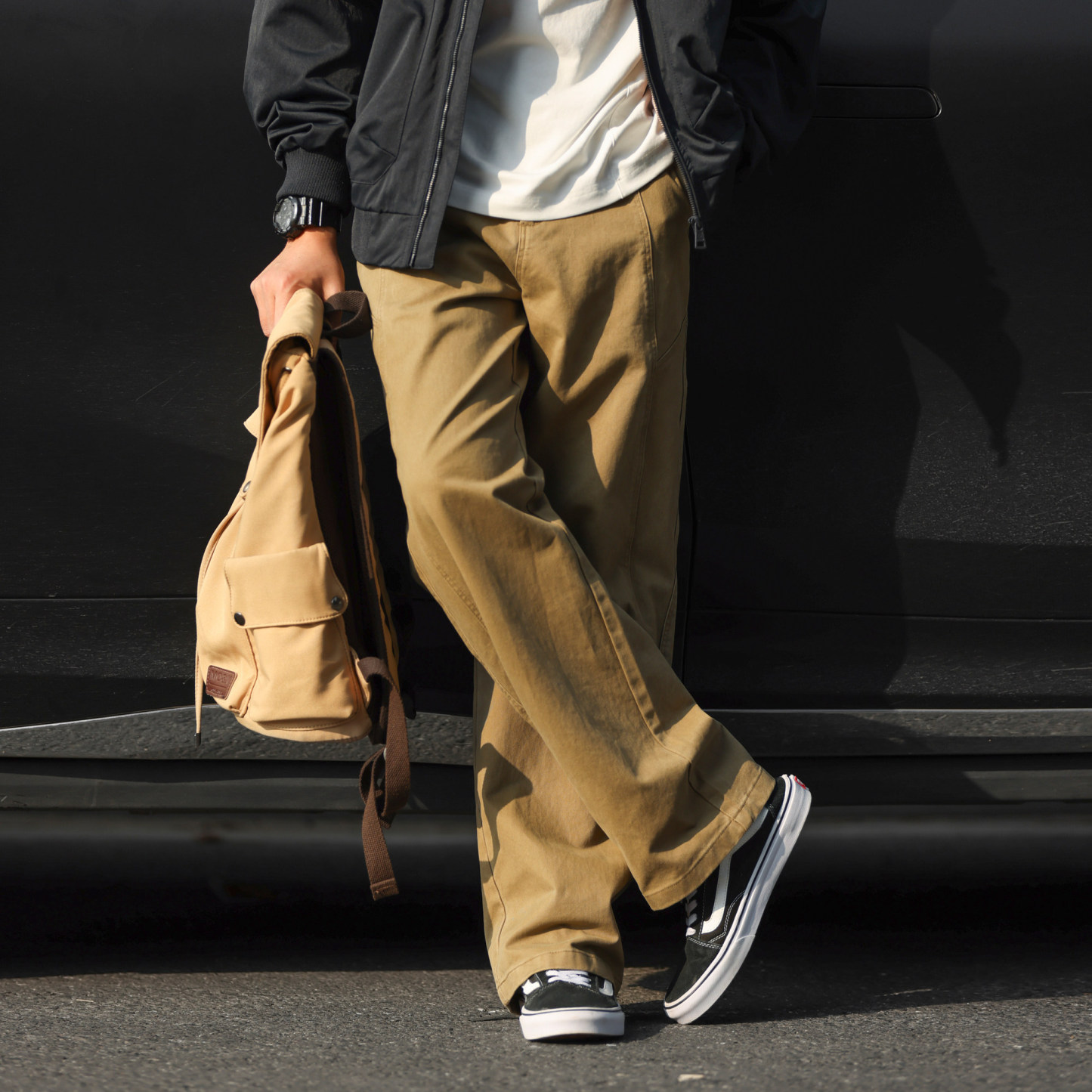 日系重磅純棉水洗直筒休閒褲男330g拼接設計感寬鬆長褲