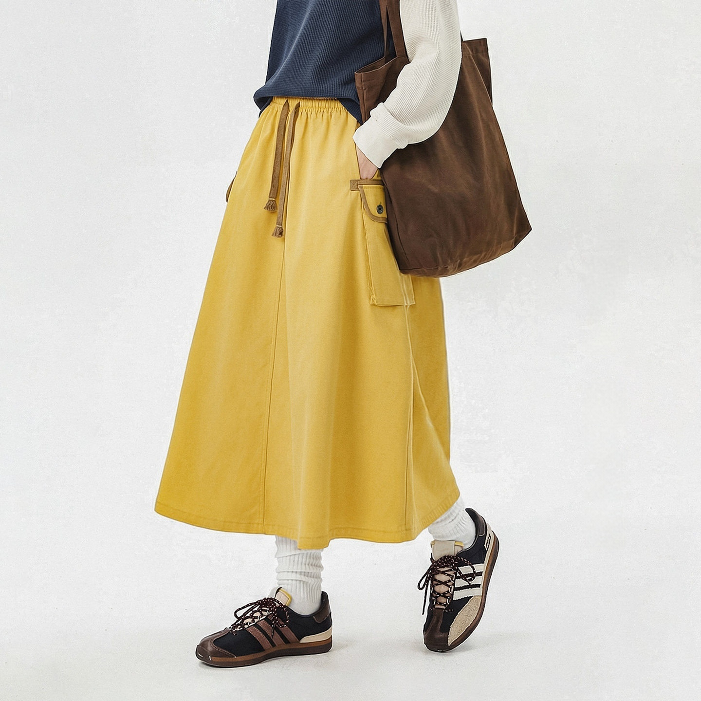 美式復古鬆緊腰抽繩大裙擺半身長裙工裝A字傘裙子女士春