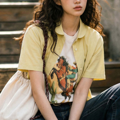 黃色薄款純棉娃娃小圓翻領收腰正肩短袖襯衫休閒上襯衣女士夏