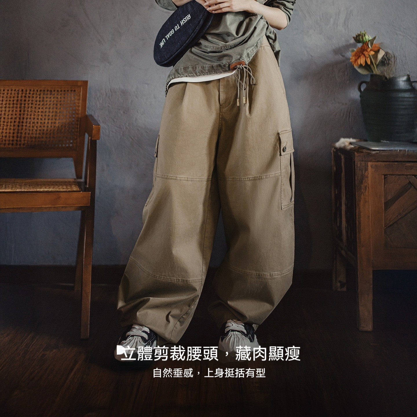 美式復古灰咖啡色多口袋寬鬆闊腿氣球休閒彎刀工裝褲子女士秋