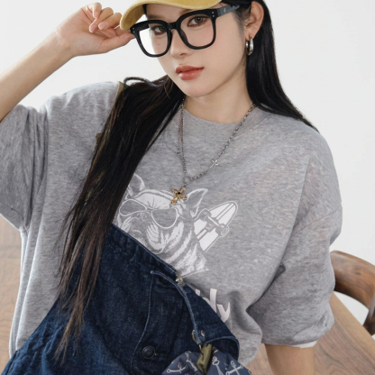 美式復古灰色重磅套頭寬鬆內搭印花衛衣長袖T恤上衣女士春秋