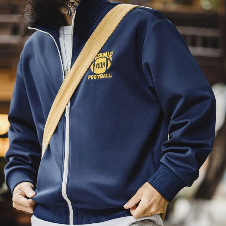 美式休閒學院風撞色刺繡夾克空氣層立領寬鬆開衫衛衣男春