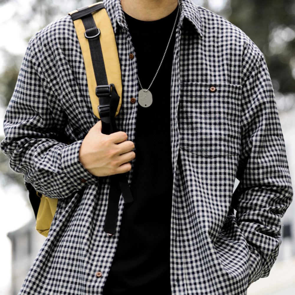 法式復古磨毛小格子長袖襯衫男寬鬆休閒口袋高級感襯衣外套-Retro's Wear