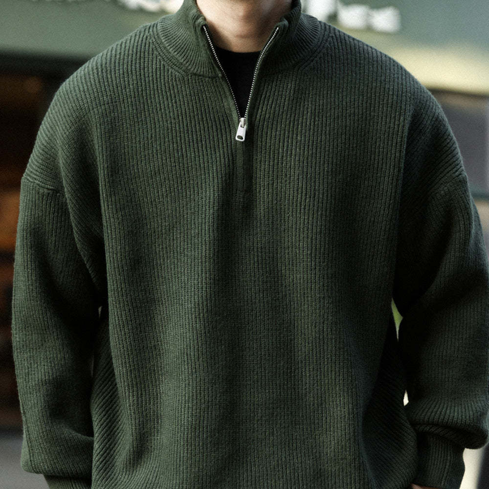 美式休閒半拉鍊立領保暖毛衣男700g復古慵懶風針織衫冬-Retro's Wear