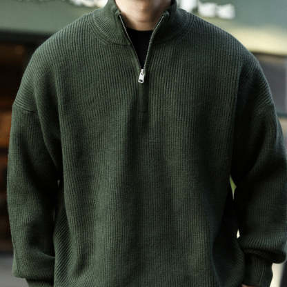 美式休閒半拉鍊立領保暖毛衣男700g復古慵懶風針織衫冬-Retro's Wear