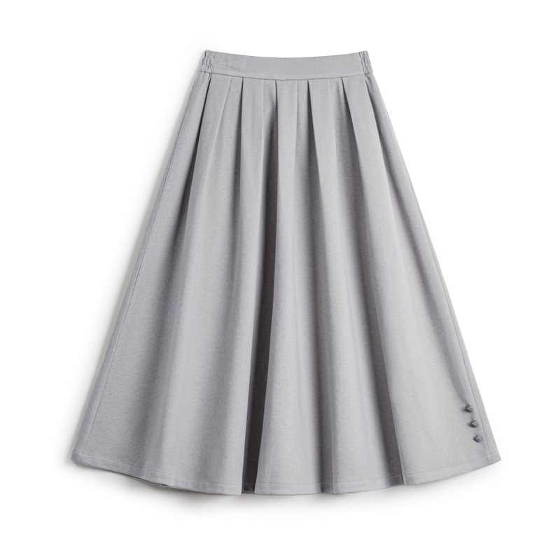 灰色毛呢大擺半身長裙針織鬆緊腰垂墜感百褶A字傘裙秋冬女士