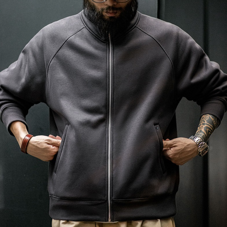 美式休閒搖粒絨開衫衛衣學院風立領加絨運動拉鍊外套男秋-Retro's Wear