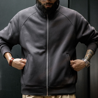 美式休閒搖粒絨開衫衛衣學院風立領加絨運動拉鍊外套男秋-Retro's Wear