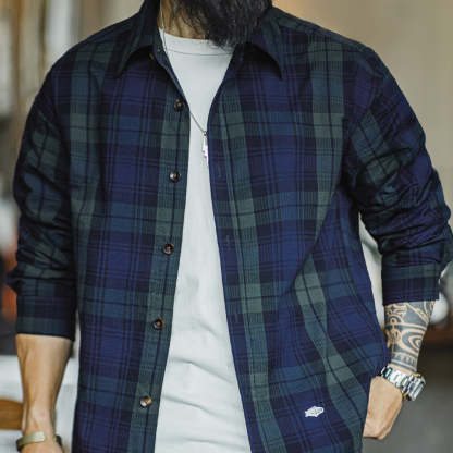 美式復古藍綠色格子襯衫外套純棉肌理感長袖薄款襯衣男秋