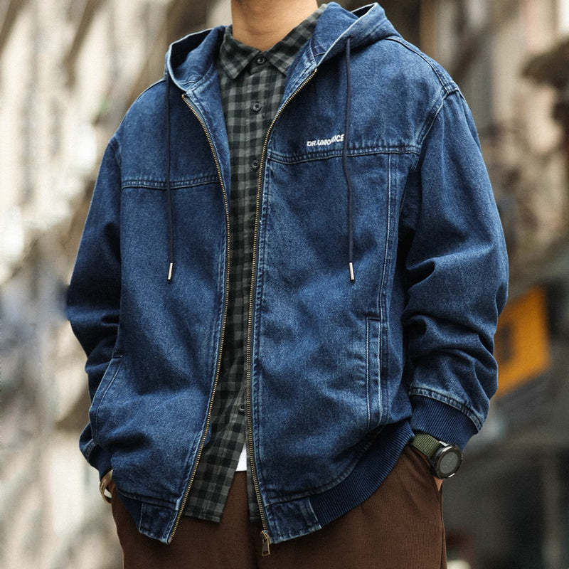 美式休閒連帽牛仔外套男寬鬆丹寧水洗重磅拉鍊工裝夾克