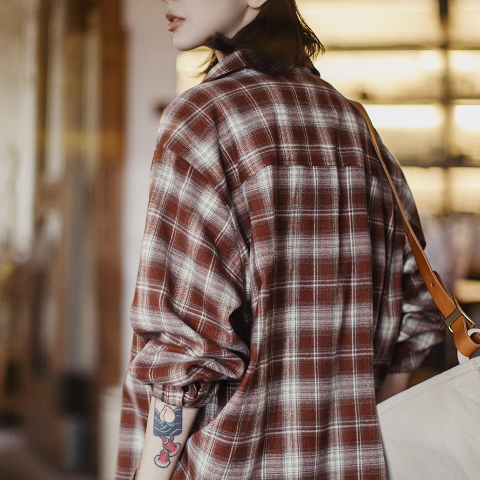 美拉德棕咖色系磨毛格子紋長袖襯衫寬鬆襯衣外套上衣女士秋季