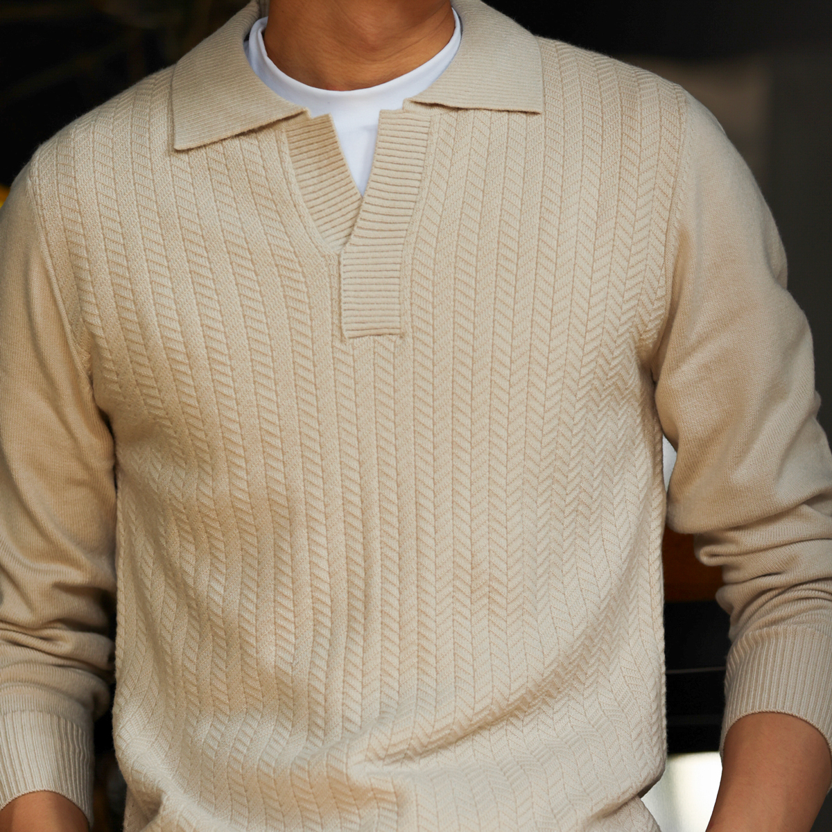 老錢風剪刀領抗皺針織POLO衫男細針提花羊毛休閒打底衫